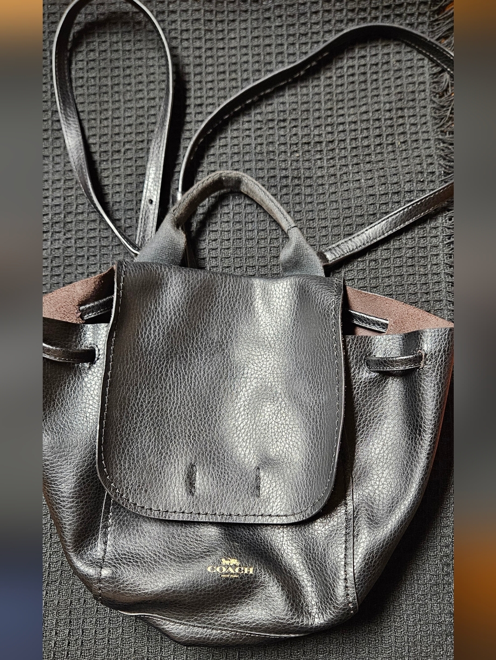 Coach Derby Pebbled Black Leather Mini Backpack - Signature Gold Logo